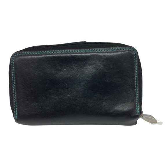 VISCONTI Black Teal Real Leather Wallet Snap Close Zip 6"x3.5" Credit Cards - Picture 2 of 5